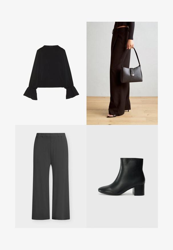 Fekete, hosszú ujjú felső, harang alakú mandzsettákkal, puha textúrával és laza szabással, egyszerű, kerek nyakkivágással.; Fekete, széles szárú nadrág elasztikus derékpánttal, puha anyagból készült. Sima textúrájú, minták vagy díszítések nélkül, alkalmas hétköznapi viseletre.; Fekete bőr bokacsizma hegyes orral és vastag sarokkal. Sima felület minimális díszítéssel és karcsú, passzos kialakítással.; Fekete kézi táska strukturált formával, sima textúrával és fémből készült záródással. Széles fekete nadrággal és nyitott orrú szandállal párosítva, fából készült padlón.