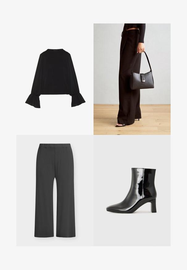 Zwarte langemouwen top met uitlopende manchetten, een zachte textuur en een relaxed fit, met een eenvoudige ronde halslijn.; Zwarte wijde broek met elastische tailleband, gemaakt van zachte stof. Gladde textuur zonder patronen of accenten, geschikt voor casual dragen.; Zwarte gepolijste leren enkellaars met een spitse neus en een blokhak van gemiddelde hoogte. Glad textuur en minimalistisch ontwerp.; Zwarte handtas met gestructureerde vorm, gladde textuur en een metalen sluiting. Gecombineerd met brede zwarte broeken en sandalen met open teen op een houten vloer.