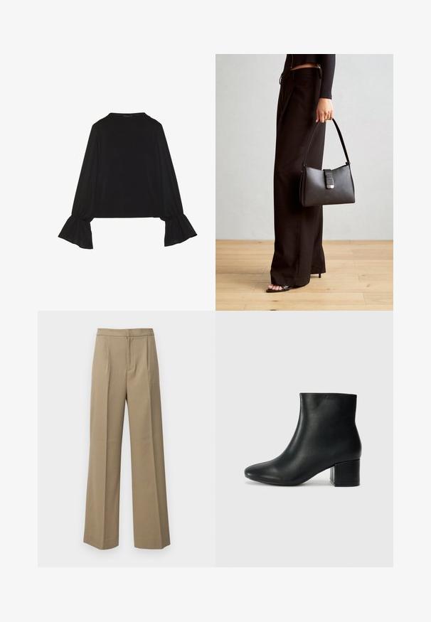 Črn dolg rokav vrh z razširjenimi manšetami, mehko teksturo in sproščenim krojem, z preprostim okroglim izrezom.; Bež široke hlače iz teksturirane tkanine. Imajo sprednje gube in ravno pas. Brez vidnih zapiral oziroma žepov.; Črne usnjene gležnjarje s koničastim nosom in debelim peto. Gladka tekstura z minimalnimi detajli in eleganten, prilegajoč dizajn.; Črna torbica z strukturirano obliko, gladko teksturo in kovinskim zaponko. Ujemajo se z širokimi črnimi hlačami in odprtimi sandali na lesenem tleh.