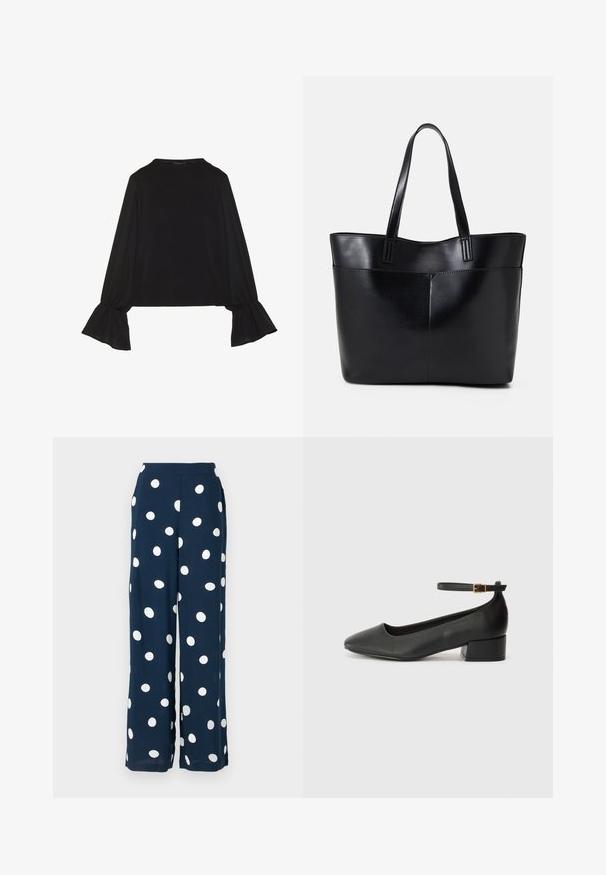 Top preto de mangas longas com punhos largos, textura suave e um corte descontraído, com um simples decote redondo.; Calças largas de marinho feitas de tecido leve, com grandes bolinhas brancas, um cós suave e um corte descontraído.; Sandal de pele preta com bico pontiagudo e um salto bloco baixo. Apresenta uma tira no tornozelo com uma fivela em tom dourado. Textura suave.; Bolsa tote preta em couro com duas alças longas, textura suave e forma estruturada. Apresenta um bolso frontal para armazenamento adicional.