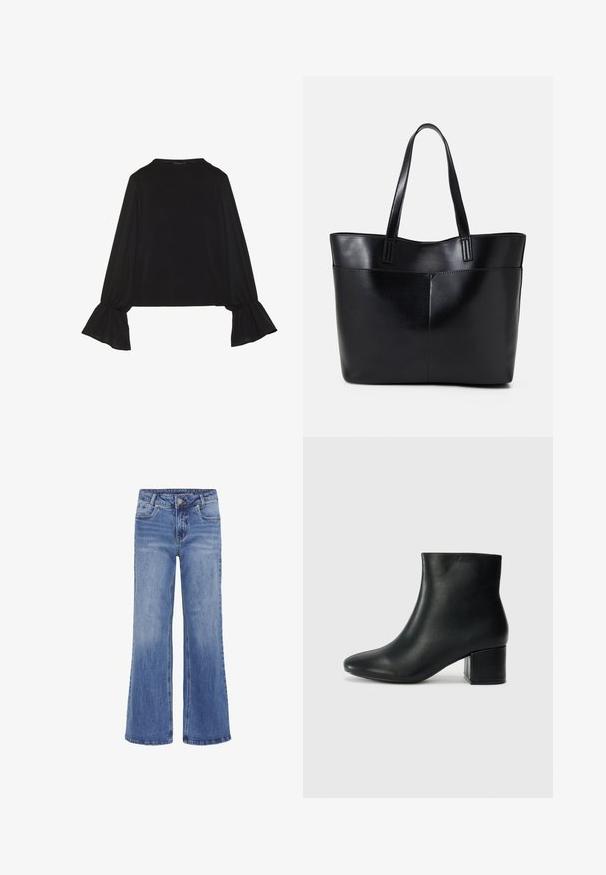 Černý top s dlouhými rukávy, který má rozšířené manžety, jemnou texturu a volný střih, s jednoduchým kulatým výstřihem.; My Essential Wardrobe LOUIS HIGH WIDE - Džíny Straight Fit - medium blue wash; Černé kožené kotníkové boty s špičatou špičkou a robustním podpatkem. Hladký povrch s minimálními akcenty a elegantním, přiléhavým designem.; Černá kožená taška s dlouhými ušima, hladkým povrchem a strukturovaným tvarem. Obsahuje přední kapsu pro další úložný prostor.