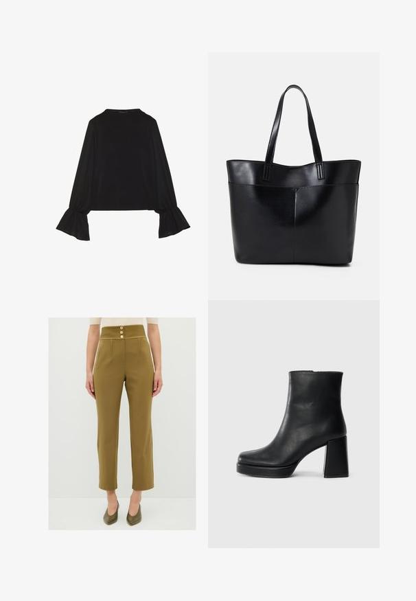 Zwarte langemouwen top met uitlopende manchetten, een zachte textuur en een relaxed fit, met een eenvoudige ronde halslijn.; Khaki hoge taille broek met een smock tailleband, drie decoratieve gouden knopen en twee zijzakken, getailleerde pasvorm en cropped lengte.; Zwarte leren enkelboot met een blokhak en platformzool, zijaanzicht op een effen witte achtergrond.; Zwarte leren tote bag met twee lange handvatten, een zachte textuur en een gestructureerde vorm. Voorzien van een voorvak voor extra opslagruimte.