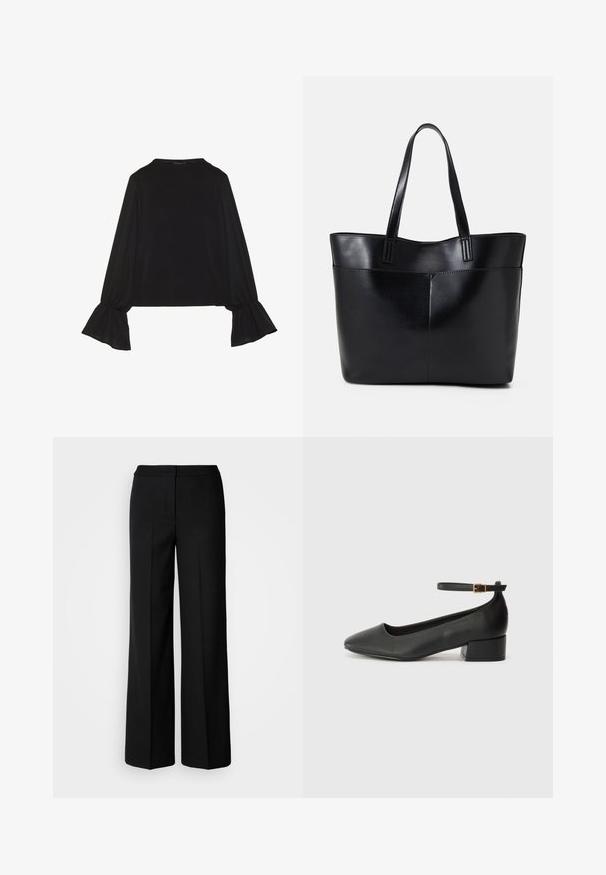 Čierny top s dlhými rukávmi, flitrovanými manžetami, mäkkou textúrou a voľným strihom, s jednoduchým okrúhlym výstrihom.; Čierne široké nohavice z hladkej tkaniny, s vysokým pasom, zúženými švami a minimalistickým dizajnom. Žiadne viditeľné kovové prvky alebo vrecká.; Čierne kožené lodičky s špicatou špičkou a nízkym blokovým podpätkom. Obsahuje remienok okolo členka so zlatým prackou. Hladký povrch.; Čierna kožená tote taška s dvoma dlhými rúčkami, hladkým povrchom a štruktúrovaným tvarom. Obsahuje prednú kapsu pre dodatočné uskladnenie.