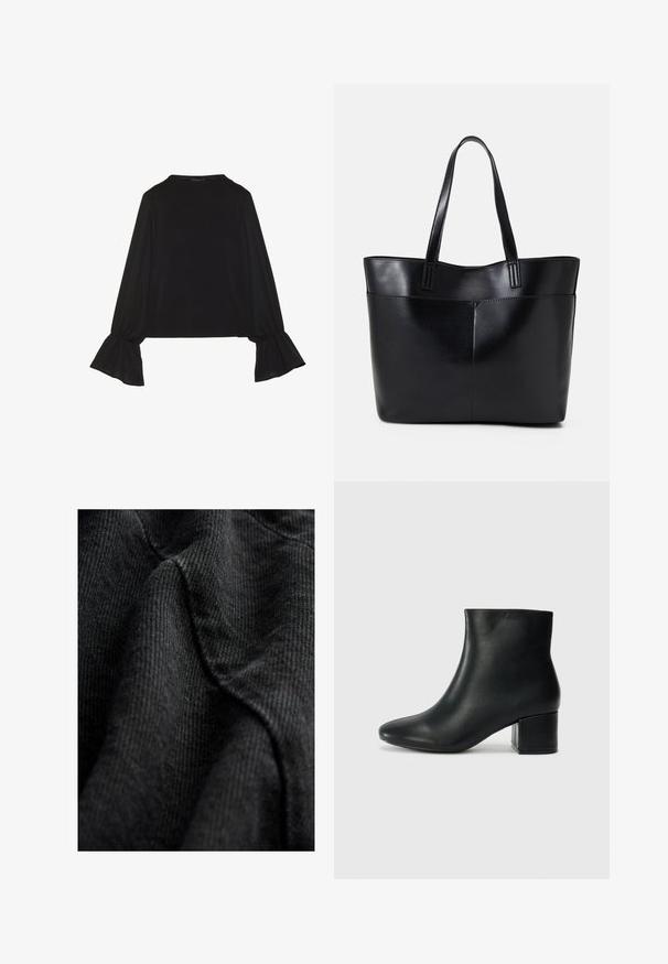 Zwarte langemouwen top met uitlopende manchetten, een zachte textuur en een relaxed fit, met een eenvoudige ronde halslijn.; Zwarte gestructureerde stof met een geweven patroon, die zachte, gladde lijnen en een lichte glans vertoont, gedrapeerd om de contouren en diepte te benadrukken.; Zwarte leren enkellaarzen met een spitse neus en een chunky hak. Gladde textuur met minimale accenten en een slank, strakk ontwerp.; Zwarte leren tote bag met twee lange handvatten, een zachte textuur en een gestructureerde vorm. Voorzien van een voorvak voor extra opslagruimte.