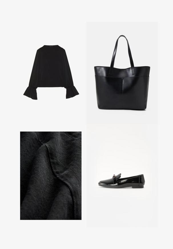 Čierny top s dlhými rukávmi, flitrovanými manžetami, mäkkou textúrou a voľným strihom, s jednoduchým okrúhlym výstrihom.; Čierna textúrovaná tkanina so tkaným vzorom, ktorá zobrazuje jemné, hladké línie a mierny lesk, zavesená tak, aby zvýraznila kontúry a hĺbku.; Čierne lakované kožené mokasíny s rovnou podrážkou, zaoblenou špičkou a ozdobným pásikom s akcentom v zlatej farbe. Hladký, lesklý povrch.; Čierna kožená tote taška s dvoma dlhými rúčkami, hladkým povrchom a štruktúrovaným tvarom. Obsahuje prednú kapsu pre dodatočné uskladnenie.