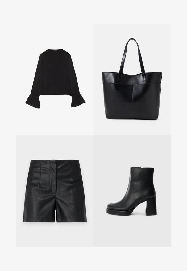 Maglietta nera a maniche lunghe con polsini svasati, texture morbida e vestibilità rilassata, con un semplice collo rotondo.; ONLY ONLRAVEN HERO - Shorts - black; Stivale alla caviglia in pelle nera con tacco a blocco e suola platform, visto di lato su uno sfondo bianco uniforme.; Borsa a tracolla in pelle nera con due manici lunghi, una texture liscia e una forma strutturata. Presenta una tasca frontale per ulteriore spazio di archiviazione.