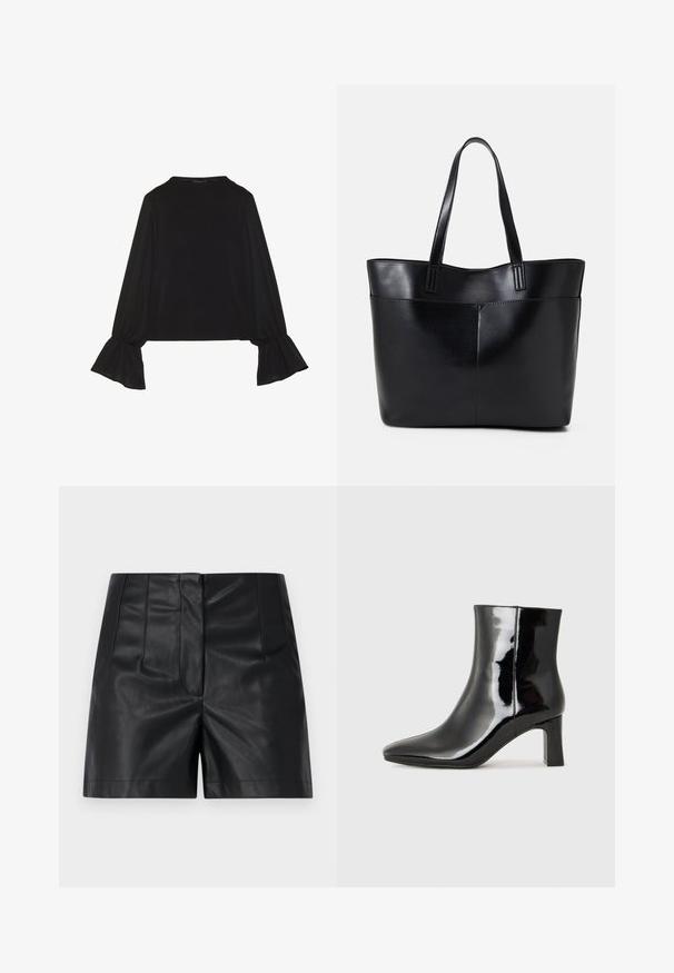 Czarny top z długim rękawem, z rozkloszowanymi mankietami, miękką fakturą i luźnym krojem, z prostym okrągłym dekoltem.; ONLY ONLRAVEN czarny; Czarne lakierowane botki za kostkę z wysmukłym noskiem i średniej wysokości obcasem w kształcie słupka. Gładka tekstura i minimalistyczny design.; Czarna skórzana torba na ramię z dwoma długimi uchwytami, gładką teksturą i sztywną formą. Posiada przednią kieszeń dla dodatkowego przechowywania.; Zestaw pięciu złotych kolczyków, z różnorodnymi wzorami: skręcone, żłobkowane i gładkie powierzchnie w kształcie obręczy i półksiężyców.