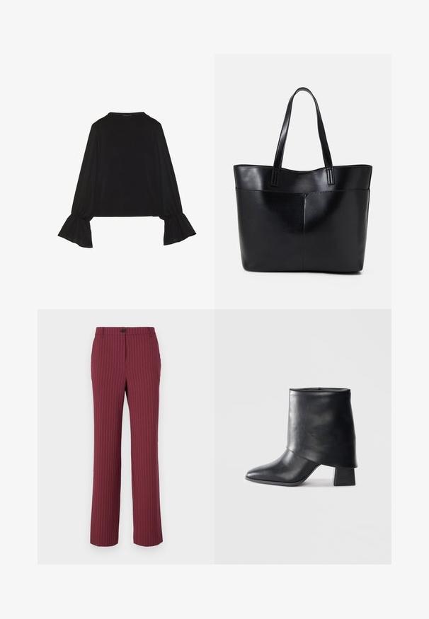 Zwarte langemouwen top met uitlopende manchetten, een zachte textuur en een relaxed fit, met een eenvoudige ronde halslijn.; Bordeaux gestreepte broek met rechte pijpen, knoopsluiting en riemlussen. Soepele stof met verticale lijnen voor extra detail.; Zwarte leren enkellaars met een spitse neus, een zachte textuur en een gestructureerde blokhak. Kenmerkt zich door een hoge, gevouwen kraag.; Zwarte leren tote bag met twee lange handvatten, een zachte textuur en een gestructureerde vorm. Voorzien van een voorvak voor extra opslagruimte.