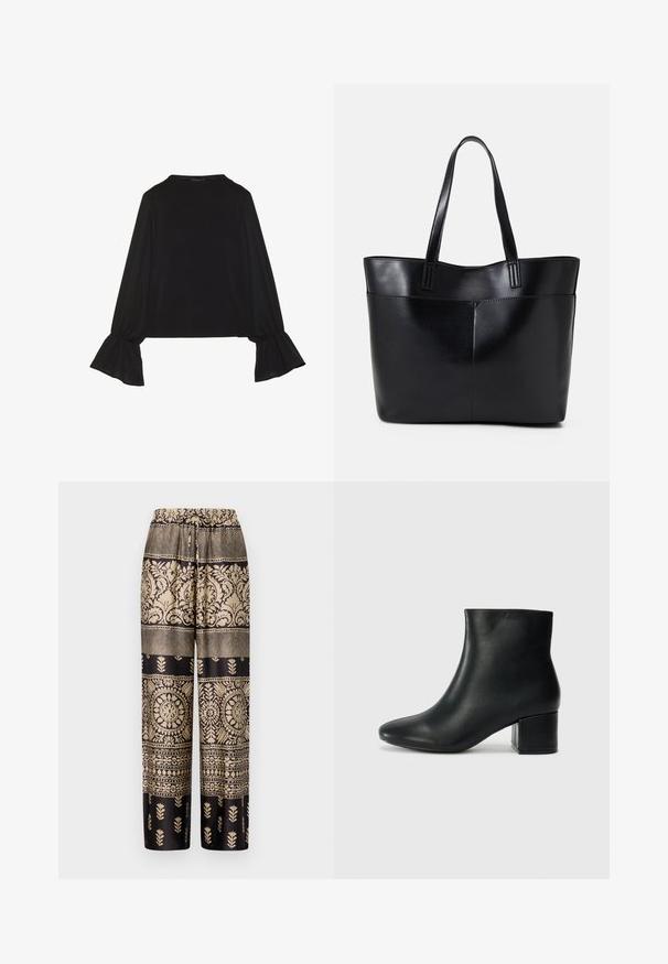 Črn dolg rokav vrh z razširjenimi manšetami, mehko teksturo in sproščenim krojem, z preprostim okroglim izrezom.; VILA VIRAMONE - Hlače - feather gray graphic; Črne usnjene gležnjarje s koničastim nosom in debelim peto. Gladka tekstura z minimalnimi detajli in eleganten, prilegajoč dizajn.; Črna usnjena torba z dvema dolgima ročajema, gladko teksturo in strukturirano obliko. Ima sprednji žep za dodatno shranjevanje.