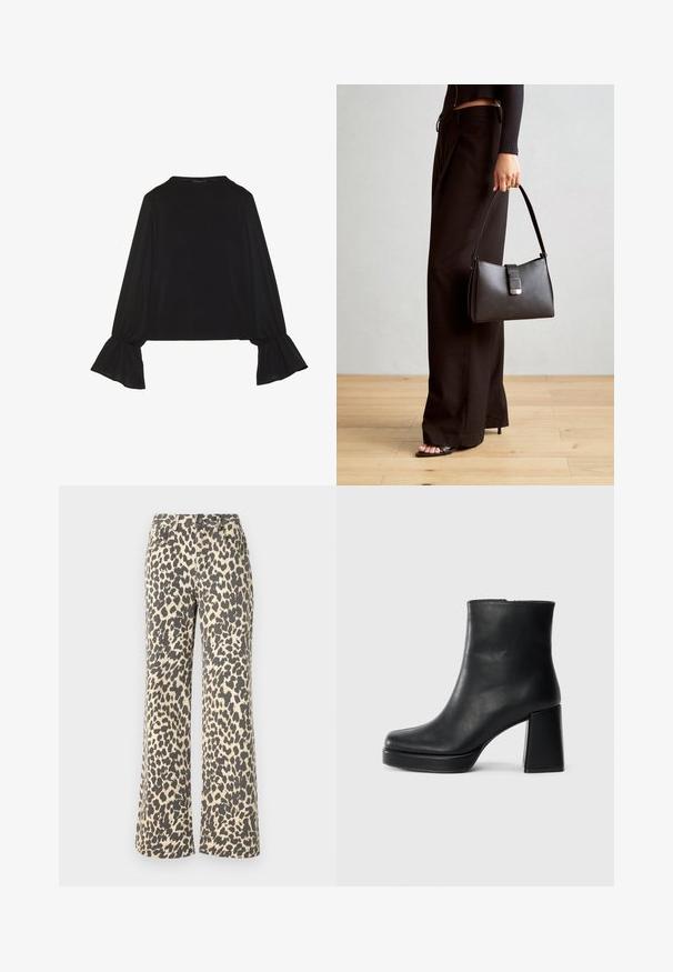 Černý top s dlouhými rukávy, který má rozšířené manžety, jemnou texturu a volný střih, s jednoduchým kulatým výstřihem.; Jeans s leopardím potiskem, vysokým pasem a světle hnědým základem s tmavě hnědými skvrnami; rozšířený střih nohavic; pevný materiál s jemnou texturou.; Černý kožený kotníkový bot s blokovým podpatkem a platformou, viděný z boku na jednoduchém bílém pozadí.; Černá kabelka se strukturovaným tvarem, hladkým povrchem a kovovým uzávěrem. Kombinována s širokými černými kalhotami a sandály s otevřenou špičkou na dřevěné podlaze.