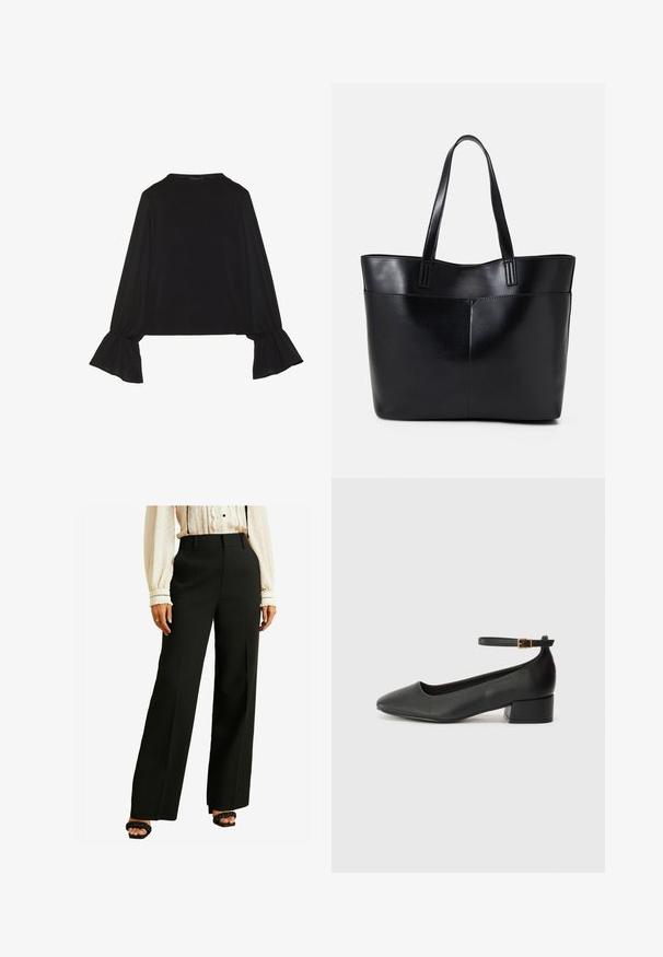 Top negru cu mânecă lungă, cu mansete evazate, textură moale și croială lejeră, având un guler rotund simplu.; Pantaloni negri cu talie înaltă și material neted, cu croi larg. Asortați cu o bluză ușoară, texturată și sandale negre cu barete.; Pantof cu toc negru din piele, cu vârf ascuțit și toc mic pătrat. Dispune de o curea la gleznă cu o cataramă în tonuri de aur. Textură netedă.; Geantă oversized din piele neagră, cu două mânere lungi, de textură netedă și formă structurată. Are un buzunar frontal pentru stocare suplimentară.