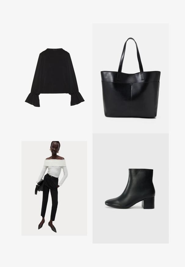Zwarte langemouwen top met uitlopende manchetten, een zachte textuur en een relaxed fit, met een eenvoudige ronde halslijn.; Witte off-the-shoulder top van gestructureerde stof, in combinatie met zwarte high-waisted broek en zwarte puntige flats, met een zwarte tas.; Zwarte leren enkellaarzen met een spitse neus en een chunky hak. Gladde textuur met minimale accenten en een slank, strakk ontwerp.; Zwarte leren tote bag met twee lange handvatten, een zachte textuur en een gestructureerde vorm. Voorzien van een voorvak voor extra opslagruimte.