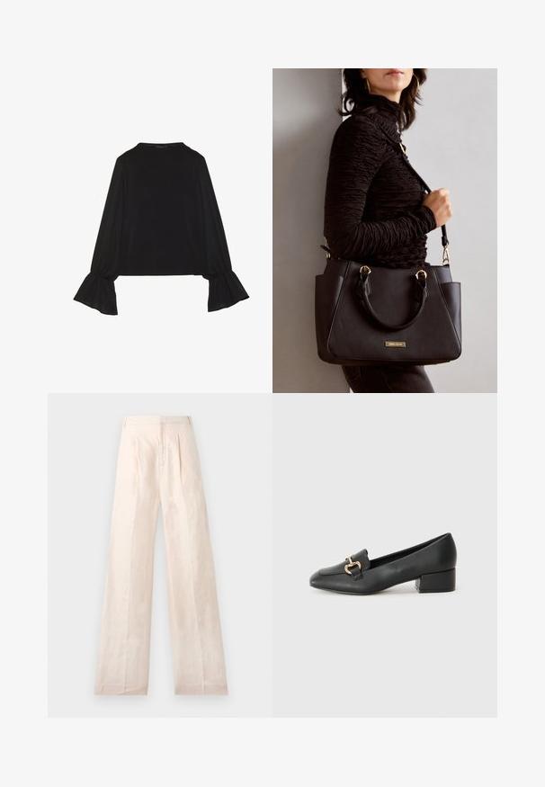 Schwarz langärmliges Oberteil mit ausgestellt geschnittenen Bündchen, weicher Textur und entspannter Passform, mit einem schlichten runden Halsausschnitt.; Beige weite Leinenhosen mit glatter Textur, Vorderfalten und einem klaren, schlichten Design des Taillenbundes.; Schwarze Lederloafers mit flachem Absatz, die auf der Vorderseite ein dekoratives goldfarbenes Hardware-Detail und eine glatte Textur aufweisen.; Schwarze Handtasche mit strukturierten Oberflächen, doppelten Obergriffen und verstellbarem Schultergurt. Mit goldfarbener Hardware und Seitentaschen.