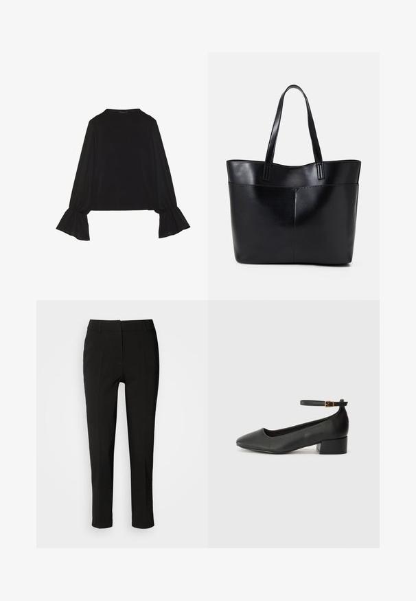 Black long-sleeve top featuring flared cuffs, soft texture, and a relaxed fit, with a simple round neckline.; Black tailored trousers with a slim fit, flat front, and no visible pockets, featuring a smooth texture and a clean finish at the hem.; Black leather pump with a pointed toe and a low block heel. Features an ankle strap with a gold-tone buckle. Smooth texture.; Black leather tote bag with two long handles, a smooth texture, and a structured shape. Features a front pocket for additional storage.