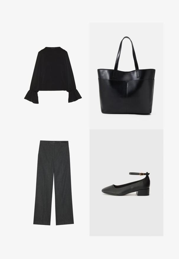 Black long-sleeve top featuring flared cuffs, soft texture, and a relaxed fit, with a simple round neckline.; Dark gray wide-leg trousers made of textured fabric, featuring a flat front, belt loops, and a clean finish at the hem.; Black leather pump with a pointed toe and a low block heel. Features an ankle strap with a gold-tone buckle. Smooth texture.; Black leather tote bag with two long handles, a smooth texture, and a structured shape. Features a front pocket for additional storage.