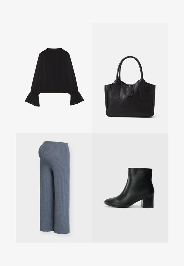 Czarny top z długim rękawem, z rozkloszowanymi mankietami, miękką fakturą i luźnym krojem, z prostym okrągłym dekoltem.; Szerokie spodnie o prążkowanej fakturze w miękkim niebieskim materiale, z elastycznym pasem i płynnie opadającym krojem, wyraźnie teksturowane na całej powierzchni.; Czarne skórzane botki za kostkę z ostrym noskiem i masywnym obcasem. Gładka tekstura z minimalnymi akcentami i elegancki, dopasowany fason.; Czarna skórzana torba tote o gładkiej fakturze, usztywnionym kształcie, dwóch uchwytach oraz wyraźnym srebrnym zapięciu na przodzie.