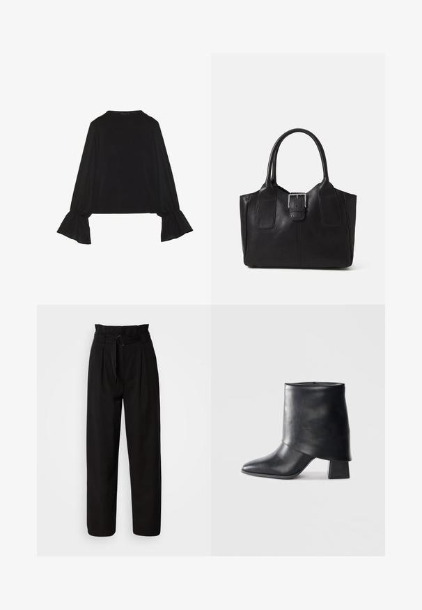Čierny top s dlhými rukávmi, flitrovanými manžetami, mäkkou textúrou a voľným strihom, s jednoduchým okrúhlym výstrihom.; Čierne vysoké nohavice s širokým strihom, so záhybmi vpredu a látkovým opaskom s kruhovou sponou. Hladká textúra a dobre prispôsobený dizajn.; Čierna kožená členková obuv s špicatou špičkou, hladkou textúrou a štruktúrovaným blokovým podpätkom. Obsahuje vysoký, prehnutý dizajn.; Čierna kožená taška s hladkou textúrou, štruktúrovaným tvarom, dvoma uchami a výrazným strieborným prackovým detailom na prednej strane.