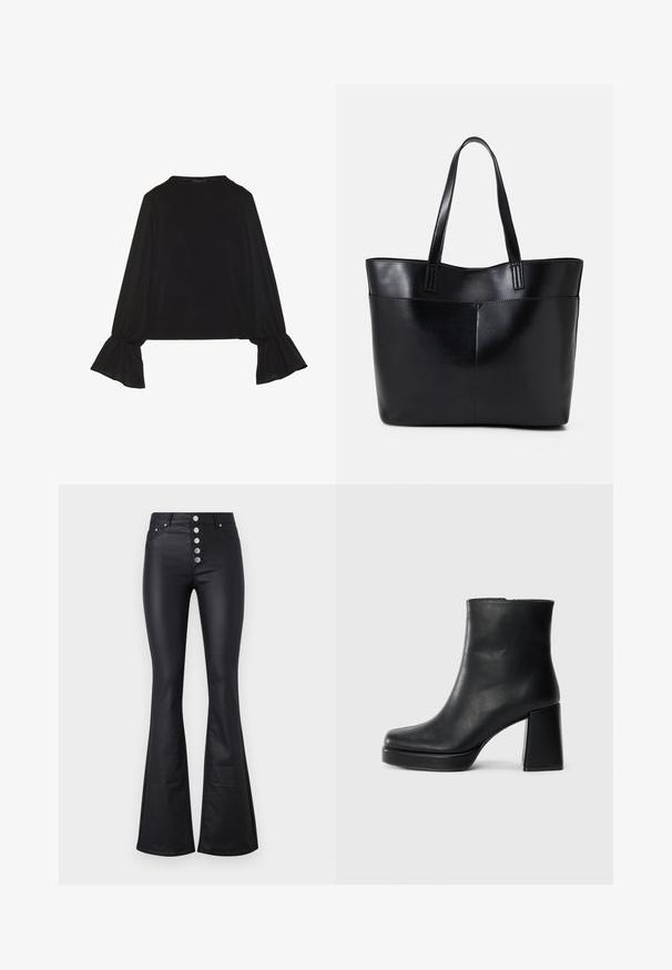 Top preto de mangas longas com punhos largos, textura suave e um corte descontraído, com um simples decote redondo.; Calças pretas largas feitas de um material suave e elástico com uma cintura alta e cinco botões metálicos à frente. Apresenta dois bolsos laterais.; Bota de couro preta até ao tornozelo com salto bloco e sola com plataforma, vista de lado sobre um fundo branco liso.; Bolsa tote preta em couro com duas alças longas, textura suave e forma estruturada. Apresenta um bolso frontal para armazenamento adicional.