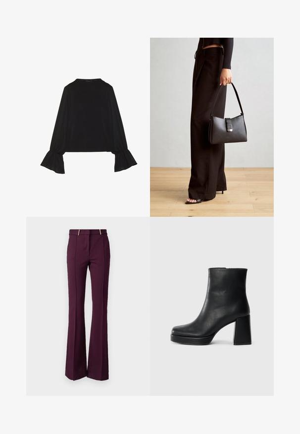 Top negru cu mânecă lungă, cu mansete evazate, textură moale și croială lejeră, având un guler rotund simplu.; Pantaloni evasați din țesătură bordeaux închis, cu o textură netedă. Au talie medie și accesorii aurii duble în față.; Botină din piele neagră, cu toc pătrat și talpă platformă, văzută din lateral pe un fundal alb simplu.; Genți negre cu o formă structurată, textură netedă și un închizător metalic. Asortată cu pantaloni negri largi și sandale cu vârf deschis pe un podea din lemn.