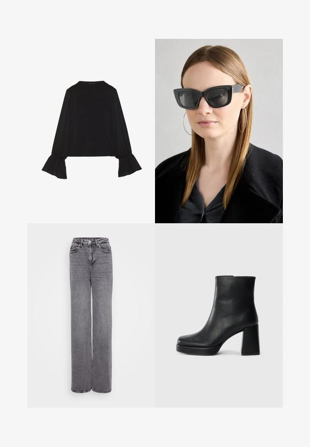 Top preto de mangas longas com punhos largos, textura suave e um corte descontraído, com um simples decote redondo.; Jeans cinzentos de cintura alta com um design de perna reta, fecho de botão e zíper, cinco bolsos e um acabamento de denim texturizado.; Bota de couro preta até ao tornozelo com salto bloco e sola com plataforma, vista de lado sobre um fundo branco liso.; Óculos de sol pretos em formato de gato com lentes escuras, armações grossas e acentos subtis. Usados com um casaco preto e uma blusa cinza, apresentando cabelo longo e liso.