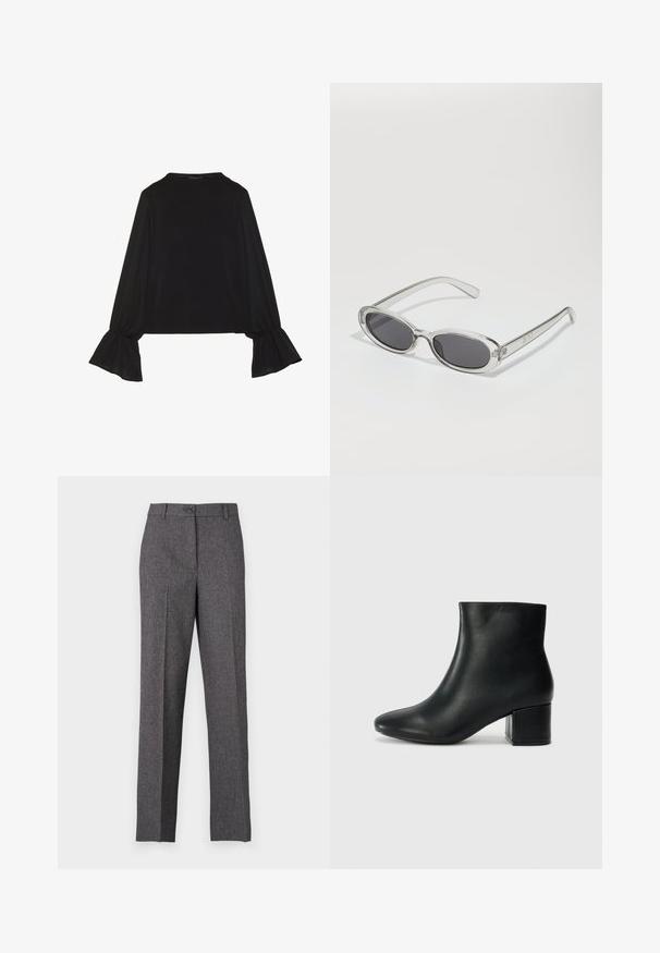 Zwarte langemouwen top met uitlopende manchetten, een zachte textuur en een relaxed fit, met een eenvoudige ronde halslijn.; JDY JDYBLOOM SIRI STRAIGHT PANT - Broek - black/white salt and pepper; Zwarte leren enkellaarzen met een spitse neus en een chunky hak. Gladde textuur met minimale accenten en een slank, strakk ontwerp.; Zonnebril met een ovale vorm, helder plastic montuur, donkergrijze glazen en dunne transparante pootjes met logo-accenten en minimale details.; Zwarte leren tote bag met twee lange handvatten, een zachte textuur en een gestructureerde vorm. Voorzien van een voorvak voor extra opslagruimte.