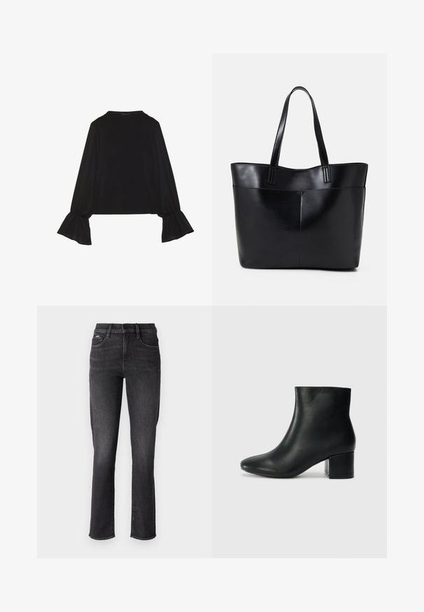 Black long-sleeve top featuring flared cuffs, soft texture, and a relaxed fit, with a simple round neckline.; Black denim jeans with a straight-leg design, featuring a standard waistband, five pockets, and subtle stitching details.; Black leather ankle boots with a pointed toe and a chunky heel. Smooth texture with minimal accents and a sleek, fitted design.; Black leather tote bag with two long handles, a smooth texture, and a structured shape. Features a front pocket for additional storage.