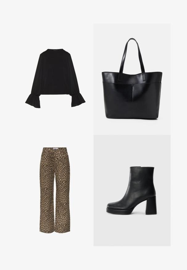 Fekete, hosszú ujjú felső, harang alakú mandzsettákkal, puha textúrával és laza szabással, egyszerű, kerek nyakkivágással.; Leopárd mintás, széles lábú nadrág bézs és fekete színkombinációban, klasszikus derékkal és laza, kényelmes szabással.; Fekete bőr bokacsizma tömbsarkal és platform talppal, oldalról nézve, sima fehér háttéren.; Fekete bőr bevásárlótáska két hosszú fogantyúval, sima felülettel és strukturált formával. Elülső zseb található rajta a plusz tárolás érdekében.