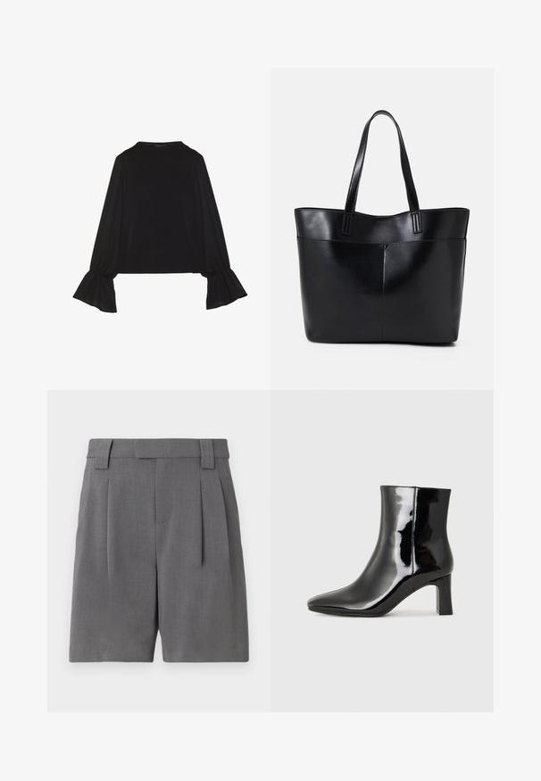 Top negru cu mânecă lungă, cu mansete evazate, textură moale și croială lejeră, având un guler rotund simplu.; Pantaloni scurți gri, croiți dintr-un material texturat de finețe. Prezintă pliuri frontale, bucle pentru curea și buzunare laterale pentru un aspect structurat.; Botine negre din piele lacuită, cu vârful ascuțit și toc bloc de înălțime medie. Textură netedă și design minimalist.; Geantă oversized din piele neagră, cu două mânere lungi, de textură netedă și formă structurată. Are un buzunar frontal pentru stocare suplimentară.