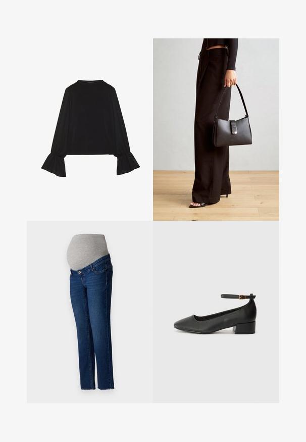 Black long-sleeve top featuring flared cuffs, soft texture, and a relaxed fit, with a simple round neckline.; Maternity jeans with a light gray elastic waistband and blue denim fabric. Skinny fit, straight cut with a frayed hem at the bottom.; Black leather pump with a pointed toe and a low block heel. Features an ankle strap with a gold-tone buckle. Smooth texture.; Black handbag with structured shape, smooth texture, and a metallic clasp. Paired with wide black pants and open-toe sandals on wooden floor.