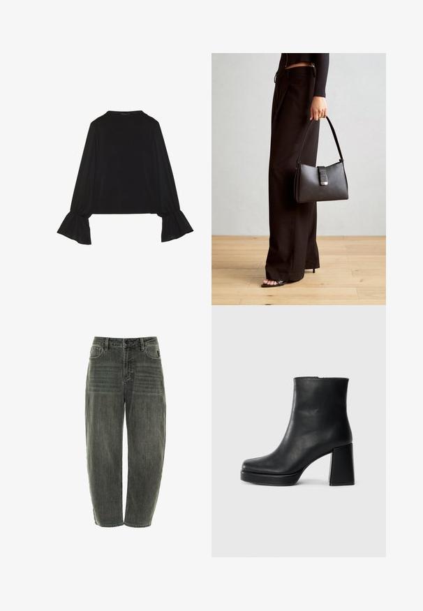 Černý top s dlouhými rukávy, který má rozšířené manžety, jemnou texturu a volný střih, s jednoduchým kulatým výstřihem.; Tmavě šedé denimové džíny s volným střihem, které mají pět kapes, zapínání na knoflík a jemné vyblednutí na přední a zadní straně.; Černý kožený kotníkový bot s blokovým podpatkem a platformou, viděný z boku na jednoduchém bílém pozadí.; Černá kabelka se strukturovaným tvarem, hladkým povrchem a kovovým uzávěrem. Kombinována s širokými černými kalhotami a sandály s otevřenou špičkou na dřevěné podlaze.