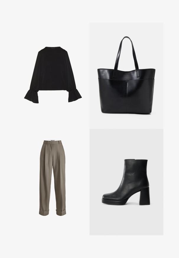 Svart langermet topp med utsvingte mansjetter, myk tekstur og avslappet passform, med enkel rund hals.; Taue høyhalsede bukser med vide ben, pleats, oppbrettede avslutninger, og en glatt tekstur. Ingen synlige lukkinger.; Sorte skinnankelsko med blokkhæl og plattformsåle, sett fra siden på en enkel hvit bakgrunn.; Svart lær toteveske med to lange håndtak, en glatt tekstur og en strukturert form. Har en frontlomme for ekstra oppbevaring.