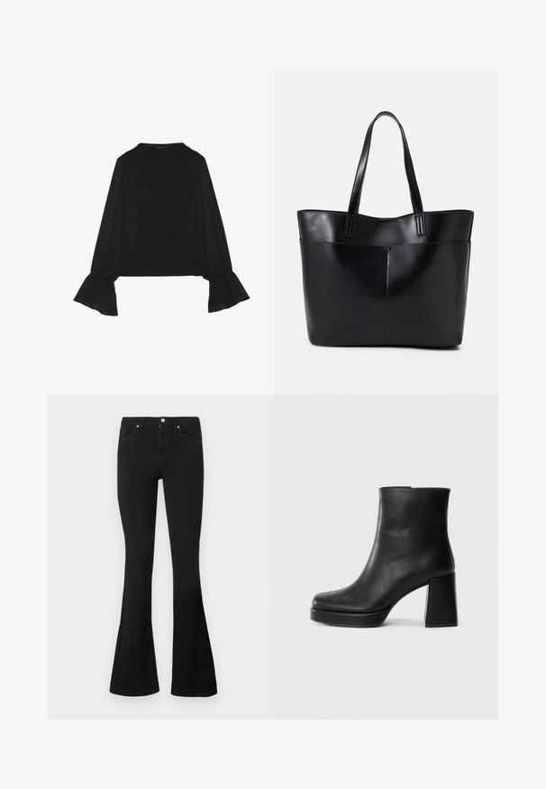 Maglietta nera a maniche lunghe con polsini svasati, texture morbida e vestibilità rilassata, con un semplice collo rotondo.; Jeans neri a vita alta con gambe svasate, chiusura frontale con bottone e zip, e stile a cinque tasche su sfondo bianco.; Stivale alla caviglia in pelle nera con tacco a blocco e suola platform, visto di lato su uno sfondo bianco uniforme.; Borsa a tracolla in pelle nera con due manici lunghi, una texture liscia e una forma strutturata. Presenta una tasca frontale per ulteriore spazio di archiviazione.