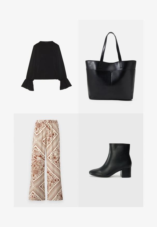 Juoda ilgomis rankovėmis palaidinė su išsiplėtusiais rankogaliais, minkšta tekstūra ir laisva forma, su paprastu apvaliu kaklu.; Platus kojų kelnės grietinėlės spalvos audinyje su rudais gėlių raštais ir geometriniais dizainais, su elastingu juosmeniu ir lygiu paviršiumi.; Juodos odinės aulinės botai su smailiu priekiniu pirštu ir storu kulnu. Lygus tekstūra su minimaliomis detalėmis ir elegantišku, tvirtai priglundančiu dizainu.; Juoda odinė rankinė su dviem ilgais diržais, lygiu paviršiumi ir struktūrizuota forma. Yra priekinė kišenė papildomam saugojimui.