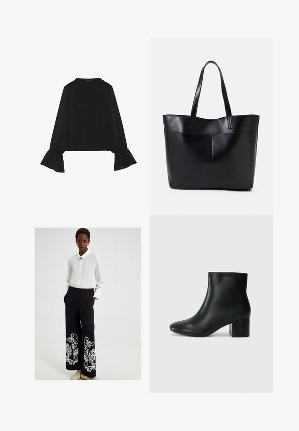 Černý top s dlouhými rukávy, který má rozšířené manžety, jemnou texturu a volný střih, s jednoduchým kulatým výstřihem.; Touché Privé EMBROIDERED - Kalhoty - black; Černé kožené kotníkové boty s špičatou špičkou a robustním podpatkem. Hladký povrch s minimálními akcenty a elegantním, přiléhavým designem.; Černá kožená taška s dlouhými ušima, hladkým povrchem a strukturovaným tvarem. Obsahuje přední kapsu pro další úložný prostor.