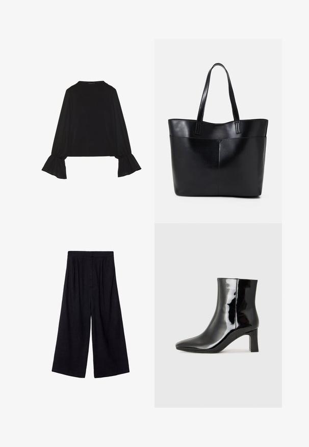 Maglietta nera a maniche lunghe con polsini svasati, texture morbida e vestibilità rilassata, con un semplice collo rotondo.; Pantaloni neri a gamba larga realizzati in tessuto leggero, con vita alta e pieghe per aggiungere texture e fluidità.; Stivaletto in pelle verniciata nera con punta a punta e tacco a blocco di altezza media. Texture liscia e design minimalista.; Borsa a tracolla in pelle nera con due manici lunghi, una texture liscia e una forma strutturata. Presenta una tasca frontale per ulteriore spazio di archiviazione.