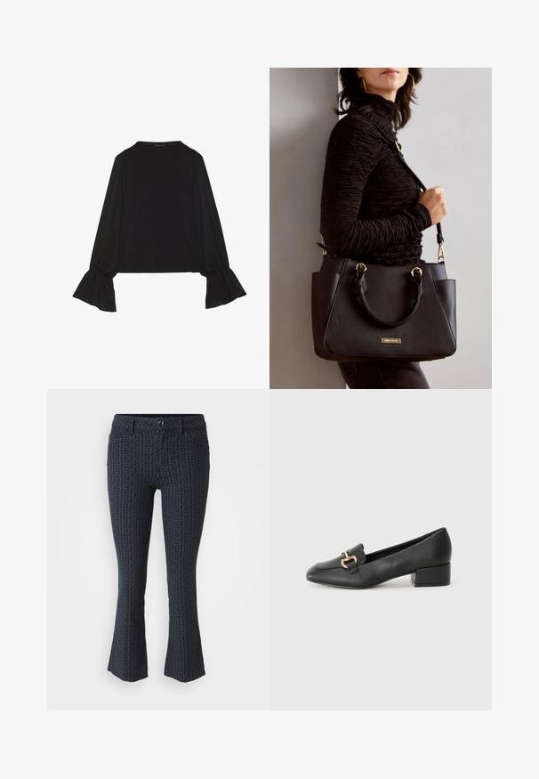 Čierny top s dlhými rukávmi, flitrovanými manžetami, mäkkou textúrou a voľným strihom, s jednoduchým okrúhlym výstrihom.; Tmavo modré rozšírené džínsy s embosovaným geometrickým vzorom. Obsahujú zapínanie na gombík, päť vreciek a textúrovanú tkaninu.; Čierne kožené mokasíny s plochým podpätkom, ktoré majú dekoratívny zlatý kovový detail vpredu a hladkú textúru.; Čierna kabelka s textúrovaným povrchom, dvojitými hornými rúčkami a nastaviteľným ramenným popruhom. Obsahuje zlaté kovanie a bočné vrecká.