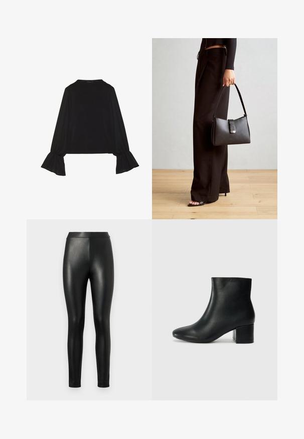 Maglietta nera a maniche lunghe con polsini svasati, texture morbida e vestibilità rilassata, con un semplice collo rotondo.; Leggings in ecopelle nera con una trama liscia, cintura alta e vestibilità aderente, progettati per una silhouette slanciata.; Stivali neri in pelle fino alla caviglia con punta appuntita e tacco spesso. Texture liscia con minimi dettagli e un design elegante e aderente.; Borsa nera con forma strutturata, texture liscia e una chiusura metallica. Abbinata a pantaloni neri larghi e sandali open-toe su un pavimento in legno.