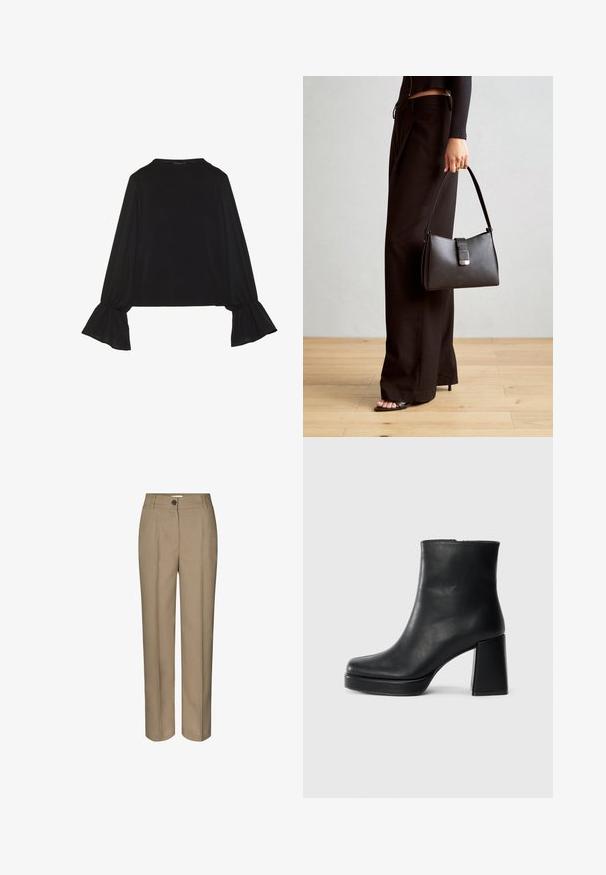 Černý top s dlouhými rukávy, který má rozšířené manžety, jemnou texturu a volný střih, s jednoduchým kulatým výstřihem.; Béžové kalhoty na míru se střihem rovného nohavice, s jedním knoflíkem a čistými předními záhyby. Vyrobené z hladké látky.; Černý kožený kotníkový bot s blokovým podpatkem a platformou, viděný z boku na jednoduchém bílém pozadí.; Černá kabelka se strukturovaným tvarem, hladkým povrchem a kovovým uzávěrem. Kombinována s širokými černými kalhotami a sandály s otevřenou špičkou na dřevěné podlaze.