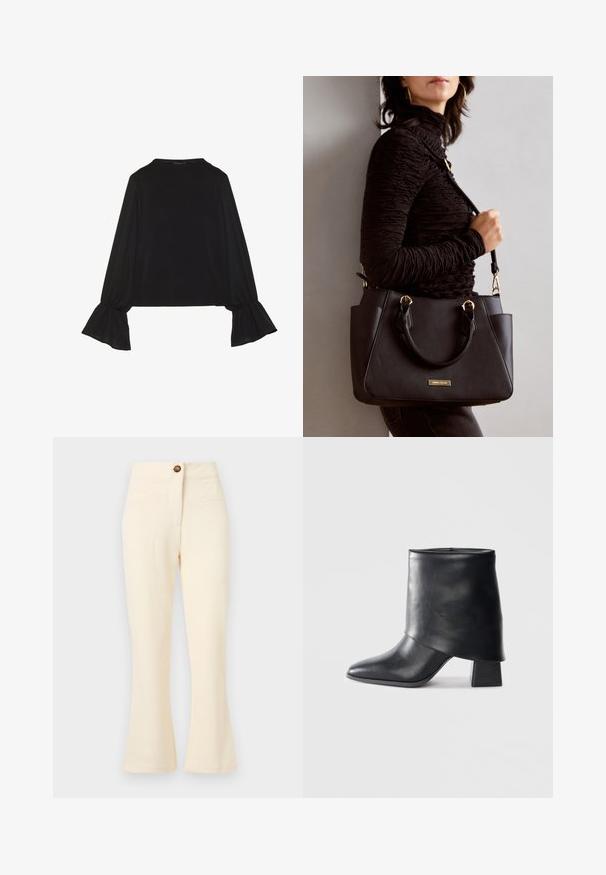 Melna garām piedurknēm krekls ar izplestu aproču, maigu tekstūru un brīvu piegriezumu, ar vienkāršu apaļu dekoltē.; Krēmkrāsas izplēstas bikses ar struktūru audumu, priekšējām kabatām un vienu brūnu pogu jostasvietā.; Melnas ādas potītes zābaki ar norādītu purngalu, gludu tekstūru un strukturētu blokveida papēdi. Iezīmē augstu, salocītu apkakles dizainu.; Melnā rokassoma ar teksturētu virsmu, diviem augšējiem rokturiem un regulējamu pleca siksnu. Iespējas ar zelta krāsas aparatūru un sānu kabatām.