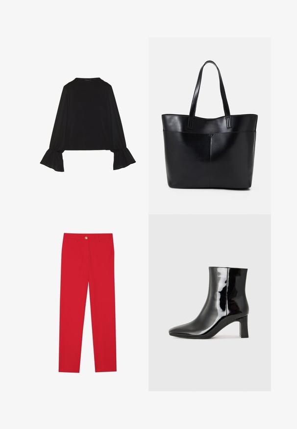Top negro de manga larga con puños acampanados, textura suave y un ajuste relajado, con un sencillo cuello redondo.; Pantalones rojos con corte recto, frente plano, cierre de un solo botón y dos bolsillos laterales. Tejido suave sin patrones o acentos visibles.; Botín de charol negro con punta afilada y un tacón de bloque de altura media. Textura suave y diseño minimalista.; Bolso tote de cuero negro con dos asas largas, textura suave y forma estructurada. Cuenta con un bolsillo frontal para almacenamiento adicional.