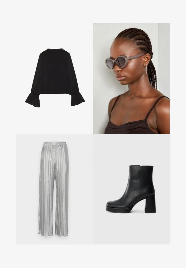 Melna garām piedurknēm krekls ar izplestu aproču, maigu tekstūru un brīvu piegriezumu, ar vienkāršu apaļu dekoltē.; Sudraba plisētās bikses ar elastīgu jostas daļu, platām kājām un gludu metālisku tekstūru. Vertikālās svītras uzlabo vizuālo pievilcību.; Melna ādas potīšu zābaku ar bloku papēdi un platformas zoli, skatīts no sāna uz vienkārša balta fona.; Pelēkas pārāk lielas saulesbrilles ar noapaļotu formu un tumšiem stikliem. Gluda plastmasas rāmis ar gludu apdari. Modeli ir pītās matu pēc.