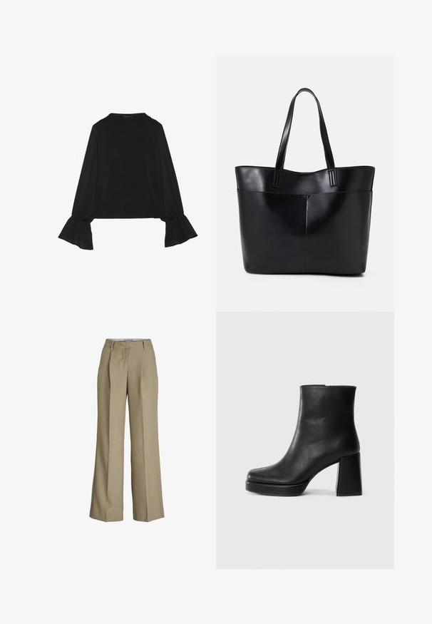 Black long-sleeve top featuring flared cuffs, soft texture, and a relaxed fit, with a simple round neckline.; Beige wide-leg trousers featuring a high waist, front pleats, and a smooth fabric texture. Classic design with a tailored finish.; Black leather ankle boot with a block heel and platform sole, viewed from the side on a plain white background.; Black leather tote bag with two long handles, a smooth texture, and a structured shape. Features a front pocket for additional storage.