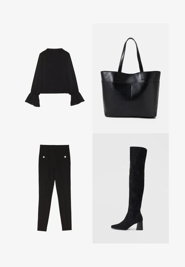 Svart langermet topp med utsvingte mansjetter, myk tekstur og avslappet passform, med enkel rund hals.; Sorte skreddersydde bukser med en glatt tekstur, som har to frontlommer med dekorative maskinvaredetaljer, og en slim-fit design.; Sorte semskede knelang støvel med blokk-heelsk, spiss tå og glatt, sømløst design på en ensfarget lys bakgrunn.; Svart lær toteveske med to lange håndtak, en glatt tekstur og en strukturert form. Har en frontlomme for ekstra oppbevaring.