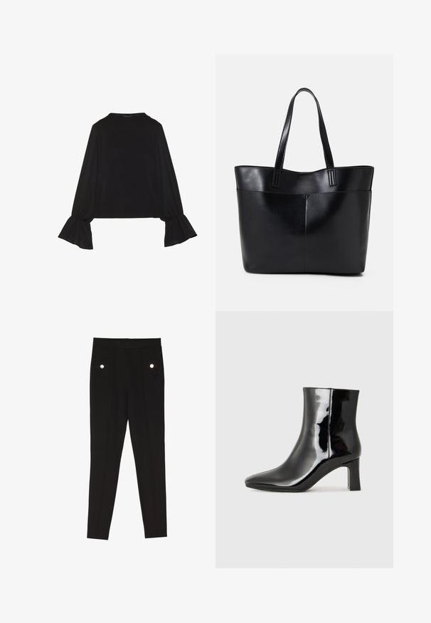 Zwarte langemouwen top met uitlopende manchetten, een zachte textuur en een relaxed fit, met een eenvoudige ronde halslijn.; Zwarte op maat gemaakte broeken met een gladde textuur, voorzien van twee voorkruim pockets met decoratieve hardwareaccenten en een slim-fit ontwerp.; Zwarte gepolijste leren enkellaars met een spitse neus en een blokhak van gemiddelde hoogte. Glad textuur en minimalistisch ontwerp.; Zwarte leren tote bag met twee lange handvatten, een zachte textuur en een gestructureerde vorm. Voorzien van een voorvak voor extra opslagruimte.
