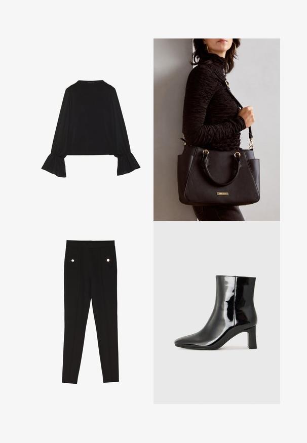 Top preto de mangas longas com punhos largos, textura suave e um corte descontraído, com um simples decote redondo.; Calças pretas ajustadas com uma textura suave, apresentando dois bolsos laterais com acessórios decorativos em metal e um design slim-fit.; Botim de tornozelo em pele sintética preta com bico apontado e salto bloco de altura média. Textura suave e design minimalista.; Bolsa preta com superfície texturizada, alças superiores duplas e alça de ombro ajustável. Apresenta ferragens em tom dourado e bolsos laterais.