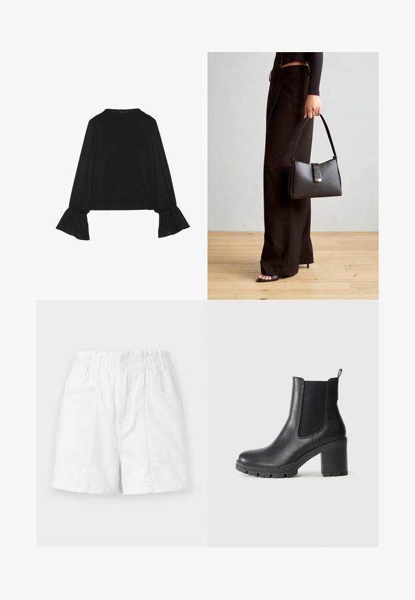 Top noir à manches longues avec des poignets évasés, texture douce et coupe décontractée, doté d'un col rond simple.; Shorts en coton blancs avec une taille élastique, dotés d'un bouton à l'avant, de deux poches latérales et d'un design épuré et simple.; Bottine en cuir noir avec des panneaux latéraux élastiques, semelle en caoutchouc épaisse et talon bloc haut. Comprend une languette à l'arrière.; Sac à main noir à la forme structurée, texture lisse et fermoir métallique. Associé à un pantalon noir ample et des sandales ouvertes sur un sol en bois.