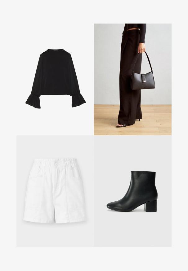 Maglietta nera a maniche lunghe con polsini svasati, texture morbida e vestibilità rilassata, con un semplice collo rotondo.; Shorts bianchi in cotone con vita elastica, dotati di un bottone anteriore, due tasche laterali e un design pulito e semplice.; Stivali neri in pelle fino alla caviglia con punta appuntita e tacco spesso. Texture liscia con minimi dettagli e un design elegante e aderente.; Borsa nera con forma strutturata, texture liscia e una chiusura metallica. Abbinata a pantaloni neri larghi e sandali open-toe su un pavimento in legno.