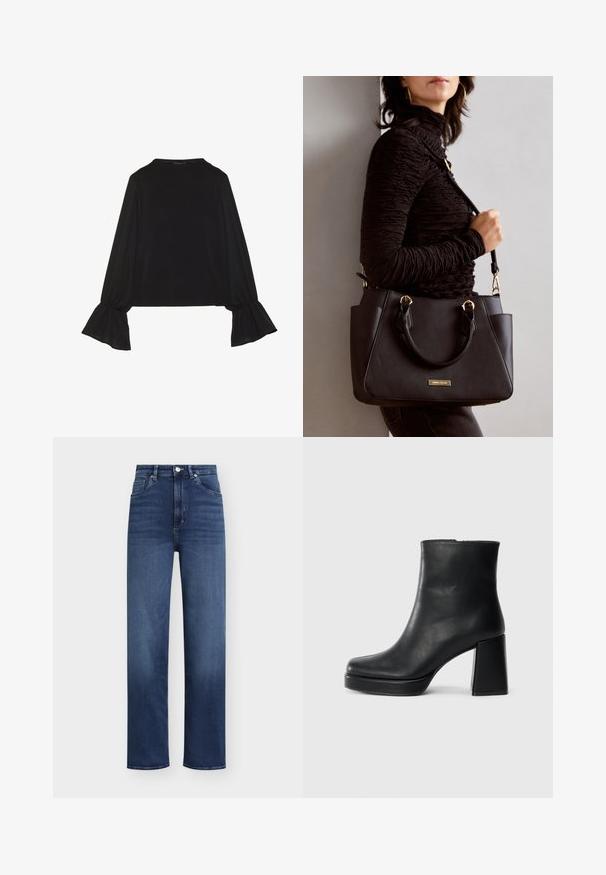Svart långärmad topp med utställda ärmslut, mjuk textur och avslappnad passform, med en enkel rund halsringning.; Mörkblå jeans i denim med hög midja, rakt ben och klassisk design med fem fickor. Har knapp- och blixtlåsstängning.; Svart läderankelboot med blockklack och platåsula, sedd från sidan på en enkel vit bakgrund.; Svart handväska med texturerad yta, dubbla handtag upptill och justerbar axelrem. Utrustad med detaljer i guld och sidofickor.