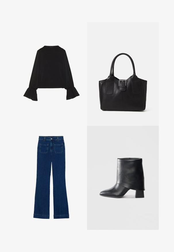 Musta pitkähihainen toppi, jossa on levenevät hihansuut, pehmeä rakenne ja rento fit, yksinkertaisella pyöreällä pääntiellä.; Tummansiniset farkuista valmistetut leveälahkeiset housut, joissa on sileä pinta, viisi taskua ja napillinen kiinnitys vyötäröllä.; Mustat nahka nilkkurit, joissa on terävä kärki, sileä pinta ja jämäkkä lohkosaapas. Ominaisuuksia korkea, taitettu varren muotoilu.; Musta nahkainen olkalaukku, jossa on sileä pinta, ryhdikäs muoto, kaksi kahvaa ja silmienpistävä hopeinen solkiyksityiskohta edessä.