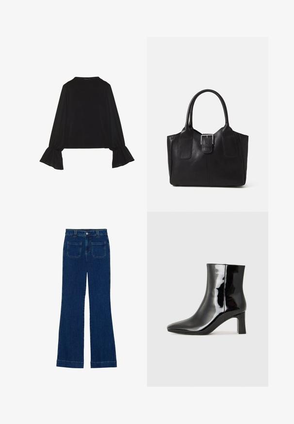 Melna garām piedurknēm krekls ar izplestu aproču, maigu tekstūru un brīvu piegriezumu, ar vienkāršu apaļu dekoltē.; Tumši zili džinsi ar izplestām kājām, gluda tekstūra, piecu kabatu dizains un pogu aizdare jostas vietā.; Melnas patentētas ādas potīšu zābaki ar norādītu pirkstu un vidēja augstuma kvadrātveida papēdi. Gluda tekstūra un minimālisma dizains.; Melnas ādas somiņa ar gludu tekstūru, strukturētu formu, divām rokturām un izteiktu sudraba sprādzi priekšpusē.